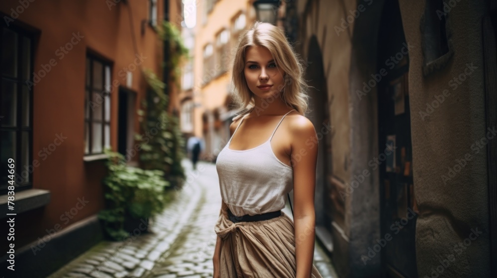 Beautiful young Scandinavian woman with a curvaceous figure, exploring the historic alleys of the old town.