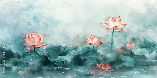 Fototapeta Naklejka Na Ścianę i Meble -  Beautiful watercolor painting of lotus flowers in the water with sparkling water droplets on the leaves