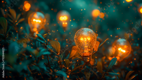 Glowing light bulbs on green grass with bokeh background, Vintage light bulb glowing in the dark with green leaves background.