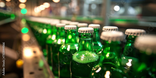 A closeup of green bottles with green cap on the production line in an industrial factory, green bottle alcohol 
