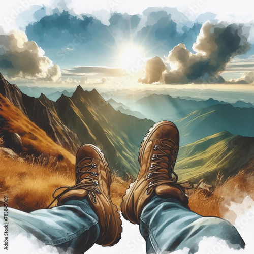 A climber resting on top of the mountain, above the clouds.