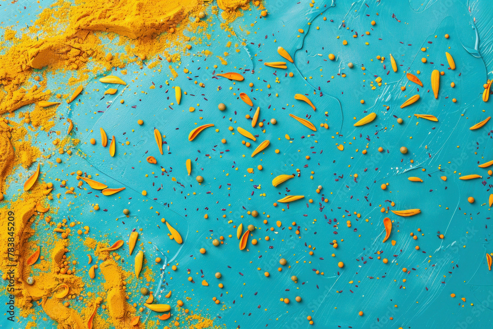 Vivid yellow and orange paint splashes on a vibrant blue background with scattered paint droplets Vivid yellow and orange paint splashes on a vibrant blue background with scattered paint droplets