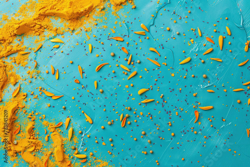 Vivid yellow and orange paint splashes on a vibrant blue background with scattered paint droplets