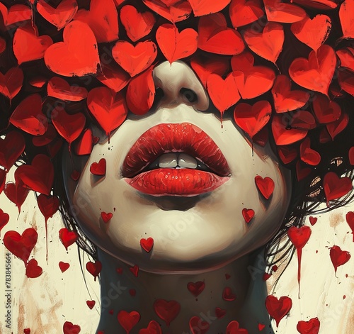 Generative ai portrait of a woman's face with her eyes covered with red hearts
