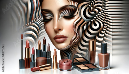A collection of cosmetics alongside a woman's face with flowing, patterned hair that blends into a background of swirling abstract lines.
