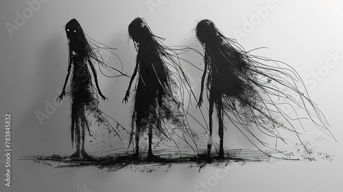 Sketch the outline of the creepy tall woman with long unkempt hair