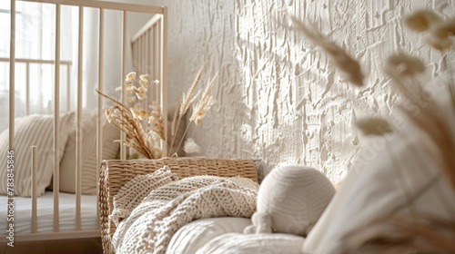 Close-up of a textured wallpaper accent wall in a nursery, modern interior design, scandinavian style hyperrealistic photography