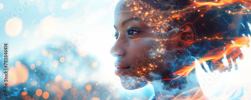 Wide angle double exposure image of an African American woman with a chip implanted in her brain. The concept of integrating artificial intelligence into society. Banner, copy space. photo