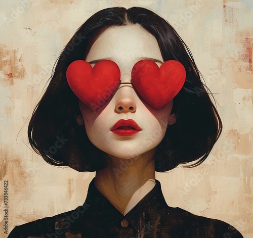 Generative ai portrait of a woman's face with her eyes covered with red hearts