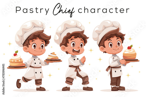 Set illustration of a cute child boy in pastry chef outfit carrying a cake. Different pose, simple vector design photo