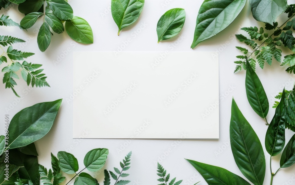 Tropical palm paper with box, envelope and white paper. Flat lay, nature concept, mockup Tropical palm paper with box, envelope and white paper. Flat lay, nature concept, mockup