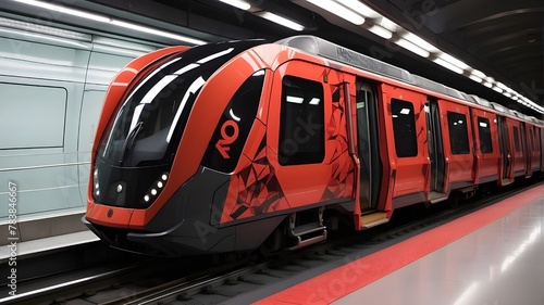 abstract contemporary metro train composed of a red and black polygon network; smart rail; rail data; contemporary rail transportation