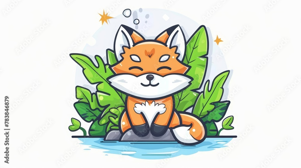 Fototapeta premium A cartoon fox atop a rock by a green, leafy plant Stars and bubbles populate the background