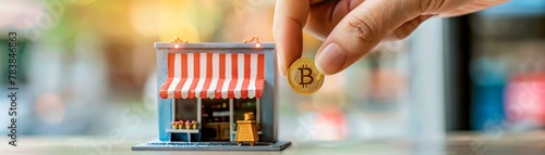 A hand placing a golden coin into a miniature shop, symbolizing the personal touch in business investments photo