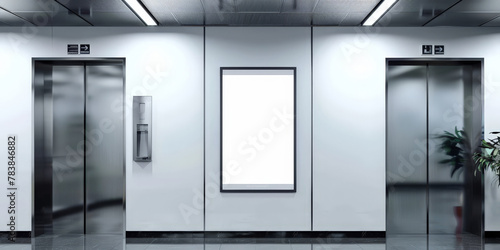 White blank digital advertising screen in an elevator with stainless steel door, A blank white billboard on white wall, Mock up Billboard Media Advertising Poster banner template photo