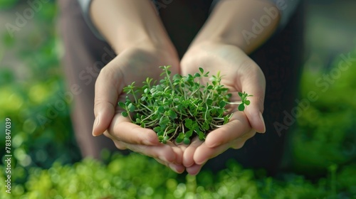 The woman's hands are holding a bowl of fresh microgreens. Useful products. Proper nutrition. Diet, vegetarianism. photo