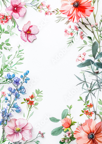 Frame of watercolor spring flowers on a white background. Greeting card mockup, blank wedding invitation, copy space.