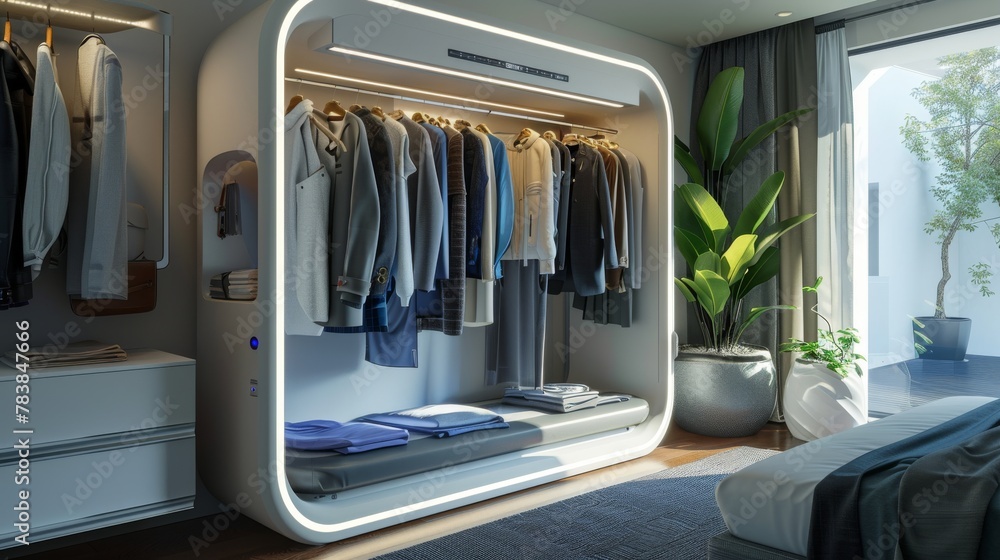 Obraz premium Sleek and modern smart wardrobe with glowing illumination, integrating technology and design for organized living space