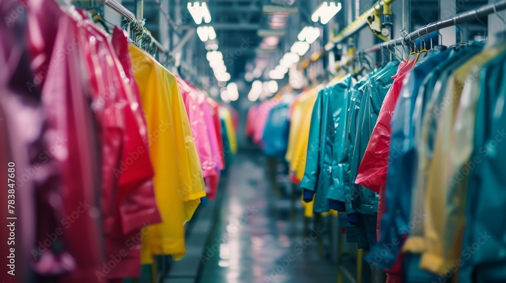 Colorful array of jackets on an assembly line in a garment factory, showcasing mass production in the fashion industry