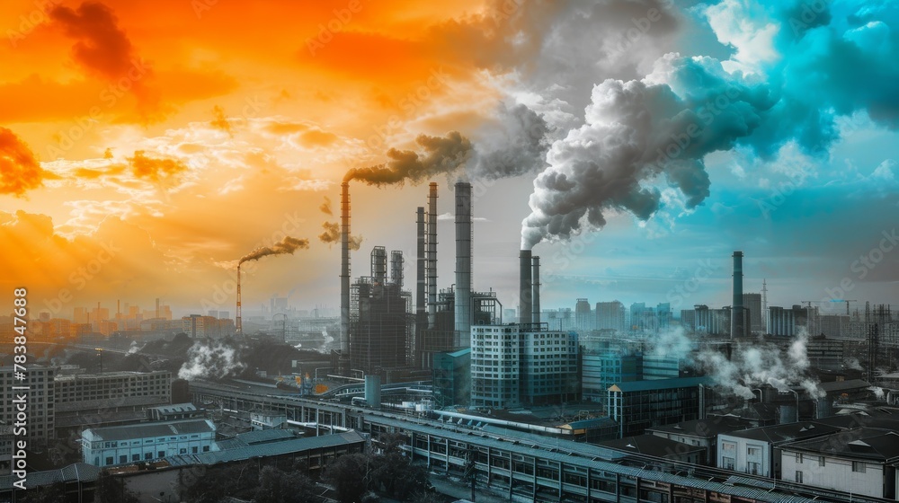 Dramatic image of industrial smokestacks emitting pollution against a sunset, symbolizing environmental impact