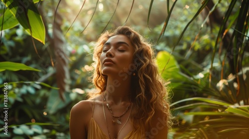 Woman in a sunlit tropical ...