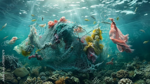 Underwater scene of discarded clothing entangled in a fishing net, creating a poignant statement on pollution and marine life endangerment