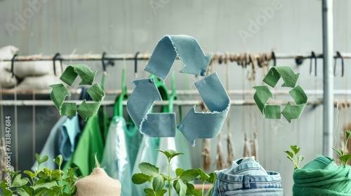 Recycled denim symbol forming a recycle sign with greenery, promoting sustainability and eco-friendly practices