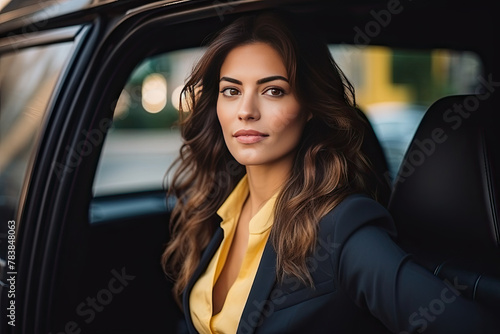 Confident Businesswoman in a Yellow Blouse Looking Out the Window of a Luxury Car © KirKam