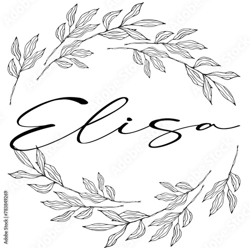 Elisa - black color - name written enclosed in a circle crown of leaves - vector graphics - for websites, greetings, banners, cards,, sweatshirt, prints, cricut, silhouette, sublimation
