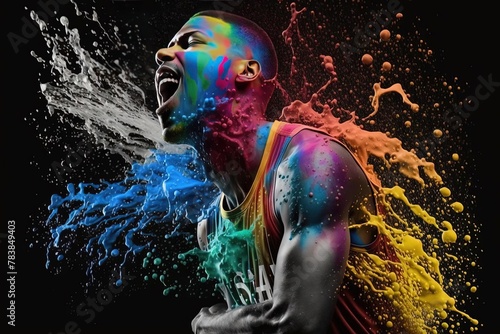Basketball Player with Paint-Splattered Face - Colorful Explosion