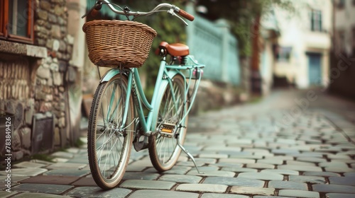 Retro style bicycle concept with basket on the road photo