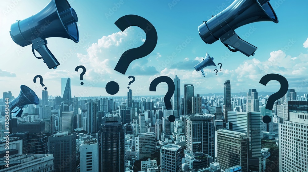 Megaphones and question marks over a corporate skyline, reflecting the loud chaos of business decisions Megaphones and question marks over a corporate skyline, reflecting the loud chaos of business decisions