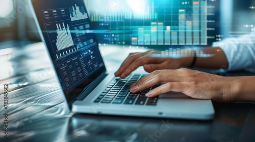 Hands typing on a laptop surrounded by data visualizations and analysis graphs, showcasing indepth research