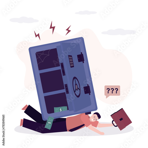Bankruptcy, depressed businessman under heavy and empty strongbox. Safe box without money, entrepreneur with loans and debt under pressure, complete work deadlines.