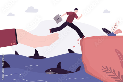Business coach hand helping businessman jumping over sharks in water. Obstacle on business road, financial crisis. Mentorship, teamwork, cooperation. Risk management challenge.