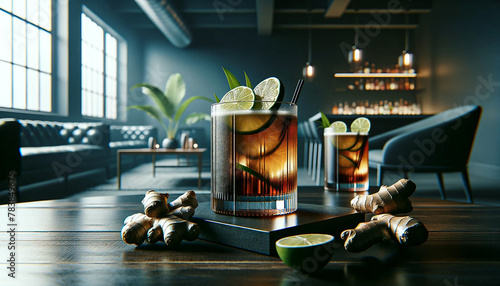 Refreshing Dark Rum Cocktail with Lime and Ginger on Elegant Bar Counter.          