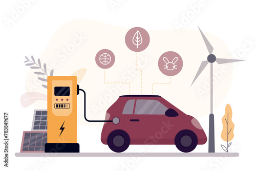 Electric car charging, side view. Electric auto charging station. Electricity eco new technology cars of future. Alternative energy