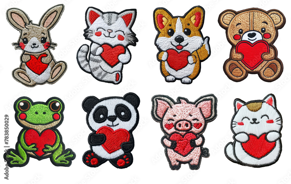 Cute kawaii animals with heart embroidered patch badge set on transparent background