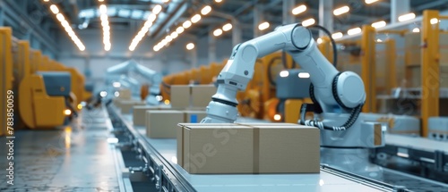 A high-speed automated packaging line, with robots efficiently boxing products, demonstrating the advancements in logistics