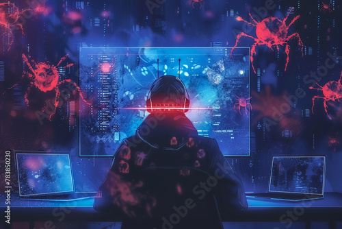 An intense visual of a computer user facing off against a screen filled with advancing bug icons, embodying the struggle against software bugs photo