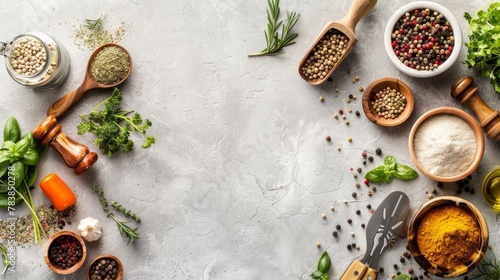 Spices, herbs, and kitchen tools on a plain background.