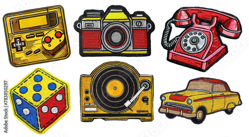 Retro object embroidered patch badge set on transparent background