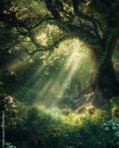 Enchanted micro-forest thriving under a canopy of magical light
