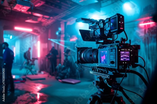 Film set cameras waiting to capture neon-drenched cyberpunk scenes