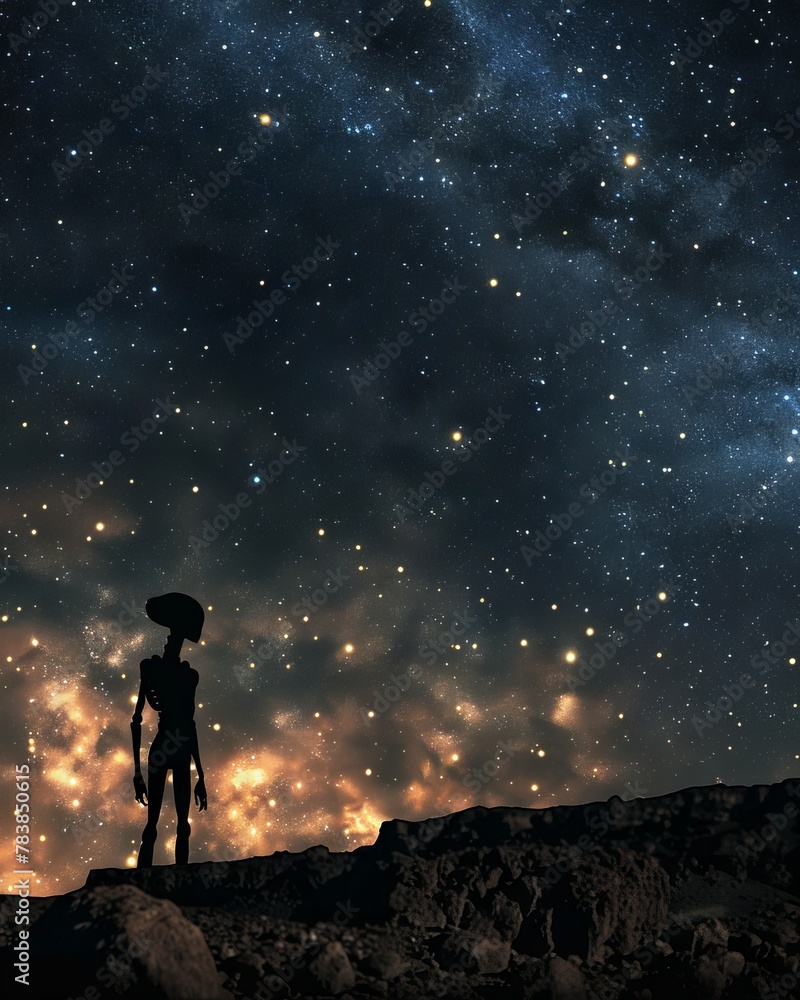 Fototapeta premium Secretive Area 51 base under a starry sky, an alien silhouette standing guard