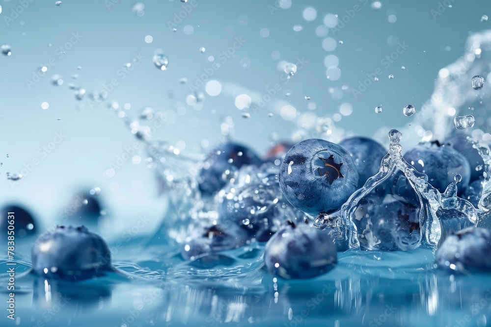 Surreal food shot of blueberries mid-splash, super wide-angle, on a blue background, realistic with deep focus and high detail Surreal food shot of blueberries mid-splash, super wide-angle, on a blue background, realistic with deep focus and high detail