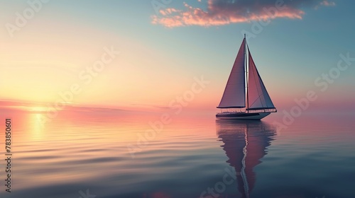 Serene dawn at sea, a single yacht with billowing sails reflects on calm waters
