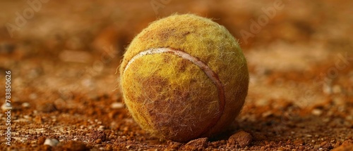 Tennis ball close-up on the clay court, showing the fuzzy texture and vibrant color contrast photo