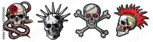 Punk rock skull embroidered patch badge set on transparent background