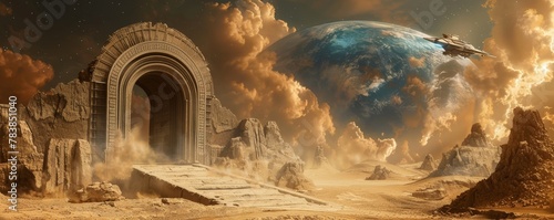 An epic fantasy landscape painting of a giant alien spaceship hovering over a desert planet with a large ancient stone archway in the foreground